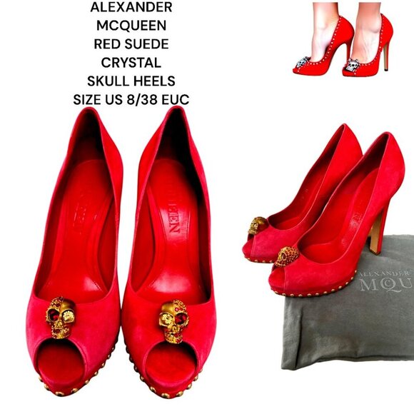AUTHENTIC ALEXANDER MCQUEEN RED PUMPS HEELS CRYSTAL SKULL SUEDE RARE US 8/38 - Picture 1 of 7